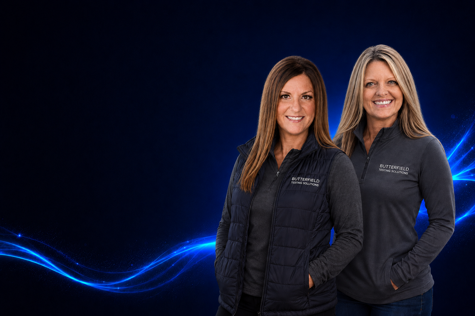 Two Butterfield Testing Solutions team members in branded jackets smiling against a navy background
