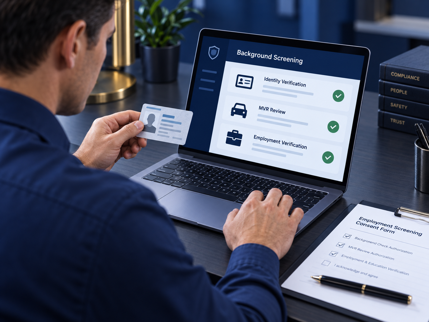 Compliance documentation reviewed at a desk