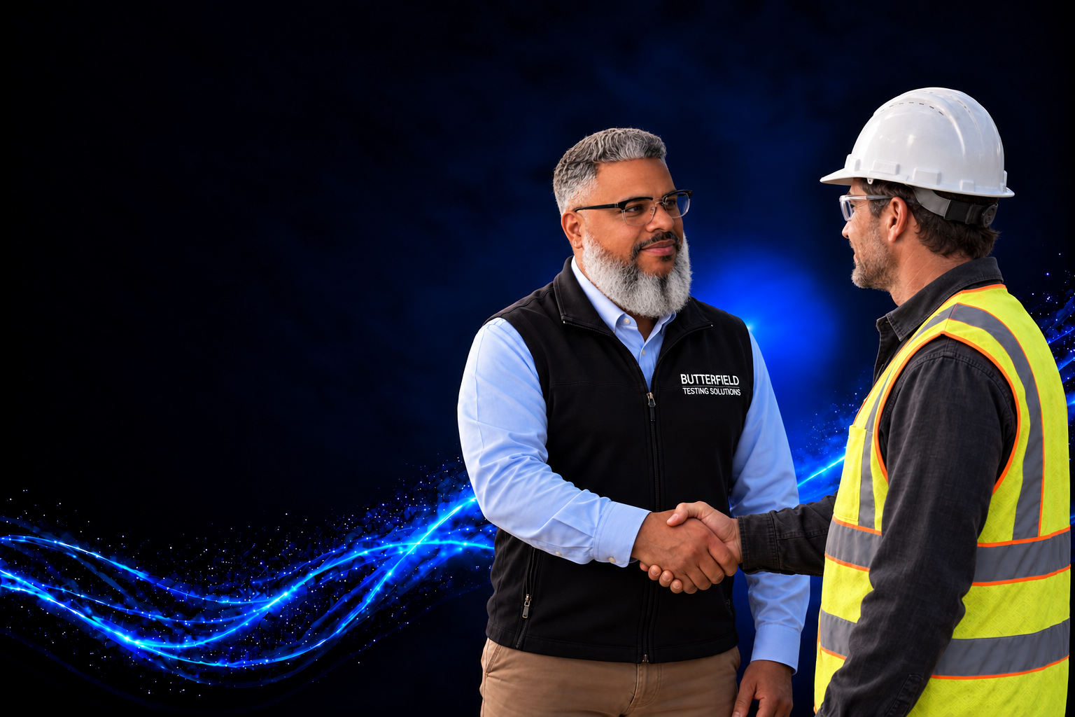 Butterfield Testing Solutions account manager shaking hands with a construction worker in a white hard hat and hi-vis vest