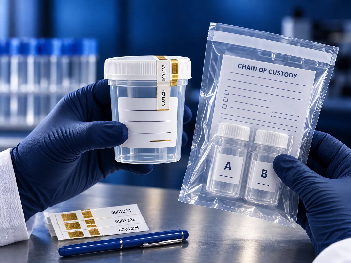 Certified collector preparing a sealed specimen cup onsite