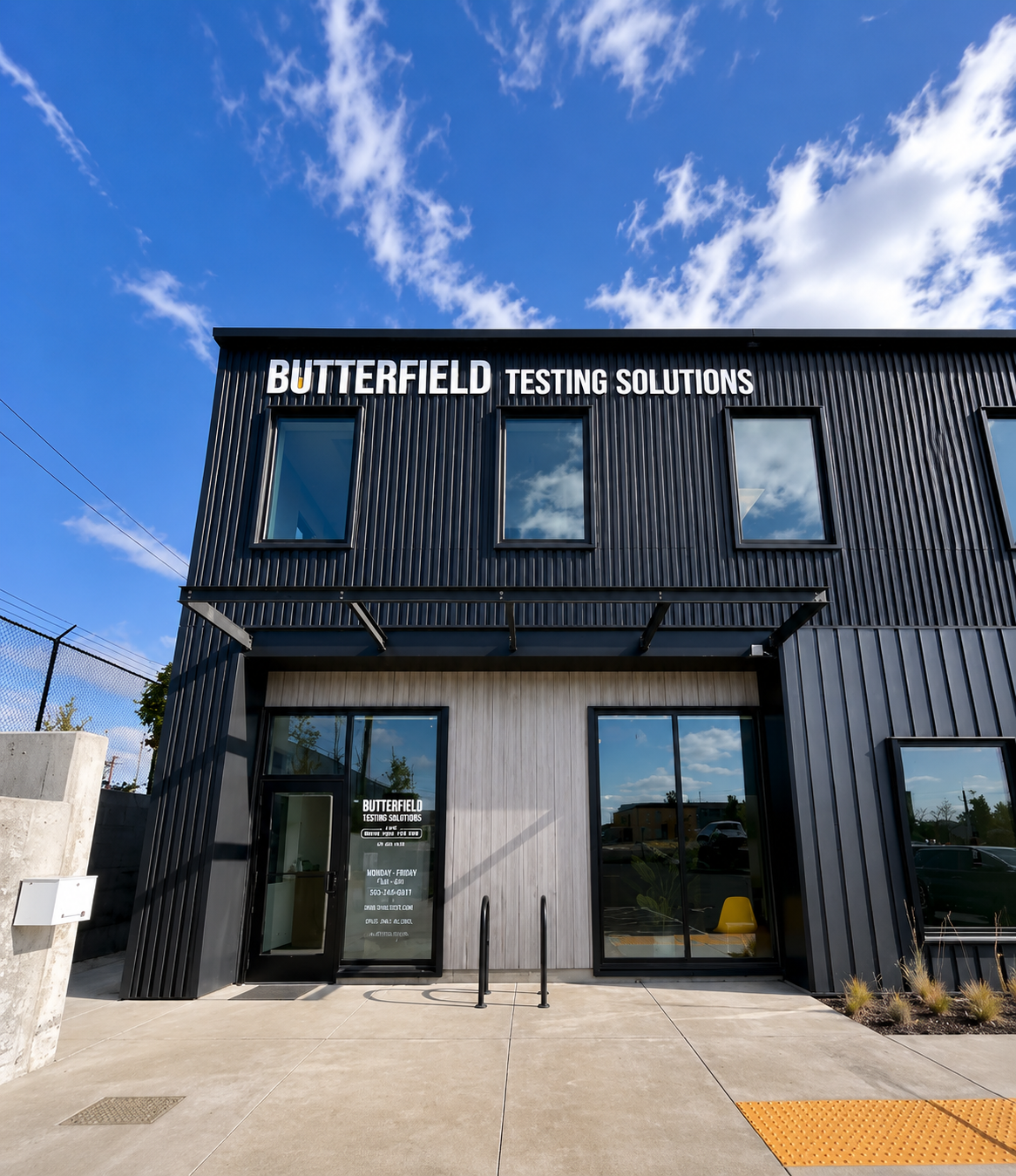 Butterfield Testing Solutions headquarters building in Sherwood, Oregon — modern black-paneled clinic exterior under a bright blue sky