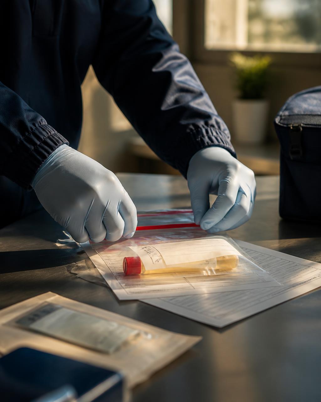 Certified collector sealing a specimen with chain-of-custody paperwork